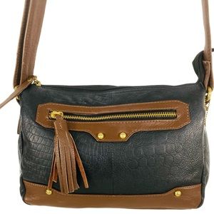 EUC Black/Brown 100%  Leather Cross Body Purse with Gold Hardware and Tassel